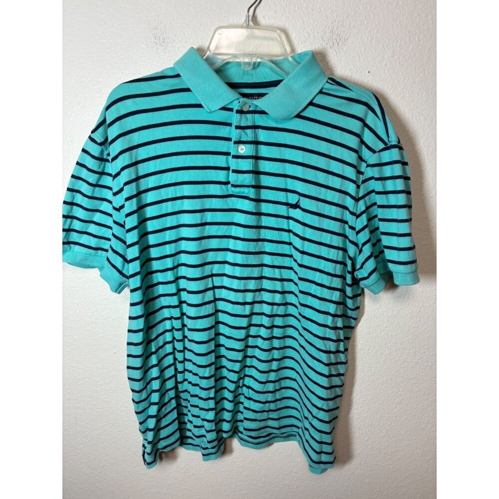 Nautica Polo Shirt Stripped Casual Golf Summer Blue Men's Size XL